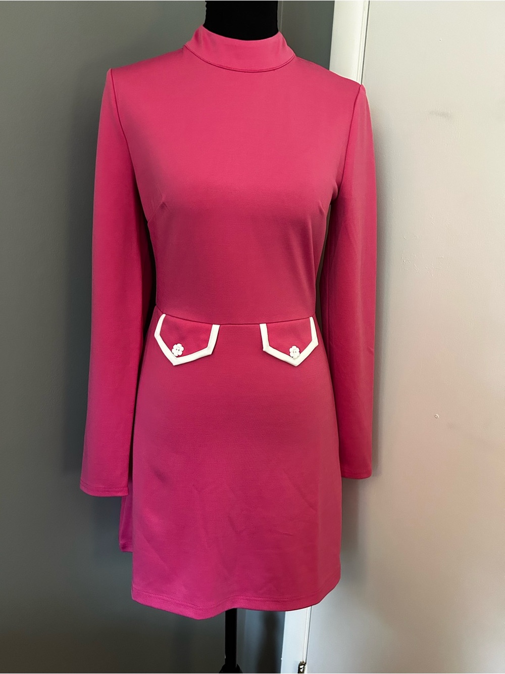 NWT Retro Women's Pink Long-Sleeve Mock Neck Mini Dress with Accent Pockets